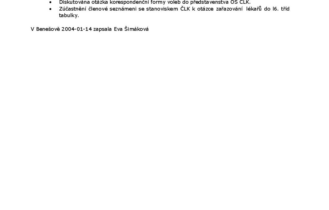 Zápis z jednání představenstva OS ČLK Benešov ze dne 14.1.2004