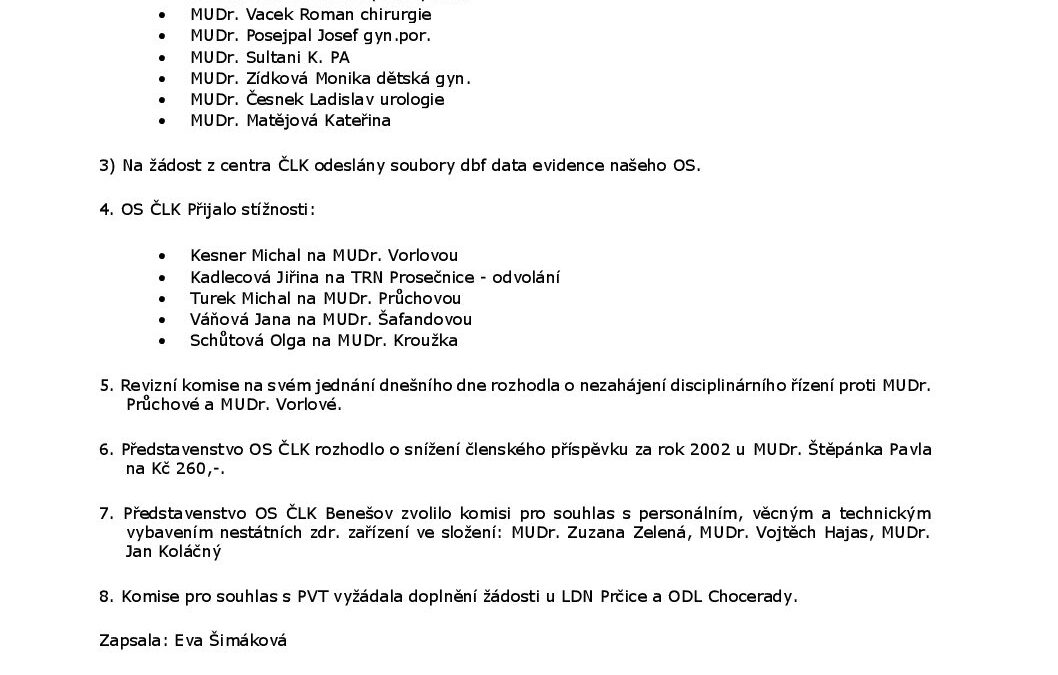 Zápis z jednání představenstva OS ČLK Benešov ze dne 4.6.2003